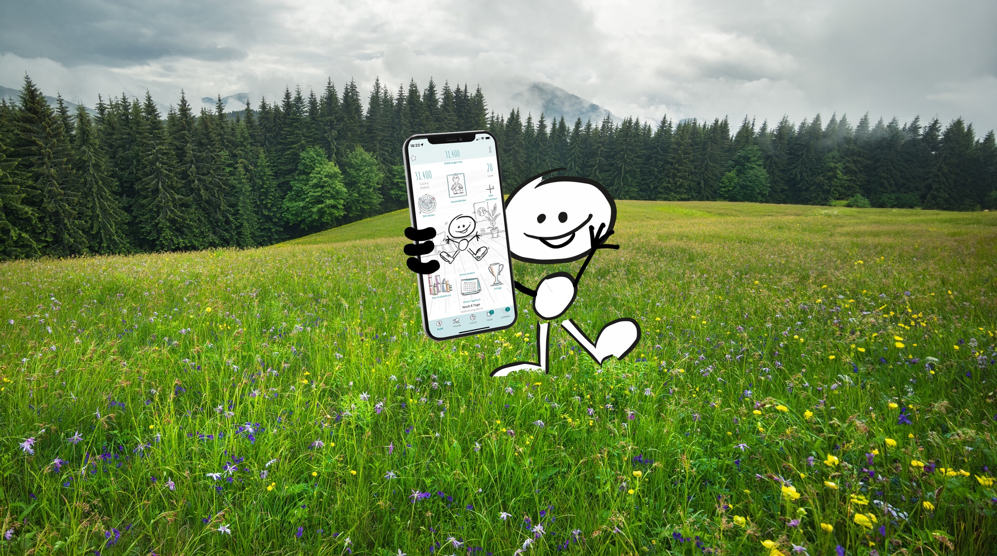 Jimmy auf einer Blumenwiese vor Nadelwald zeigt die H.O.P.E. App auf dem Smartphone