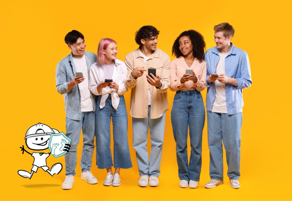 Fünf junge Menschen mit Smartphones und Jimmy
