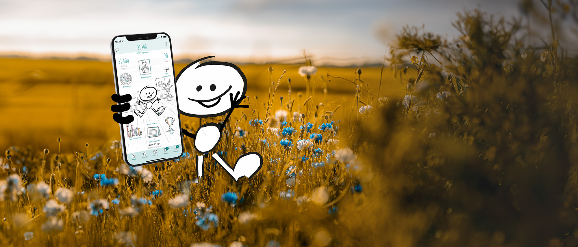Jimmy auf einer Blumenwiese vor Nadelwald zeigt die H.O.P.E. App auf dem Smartphone